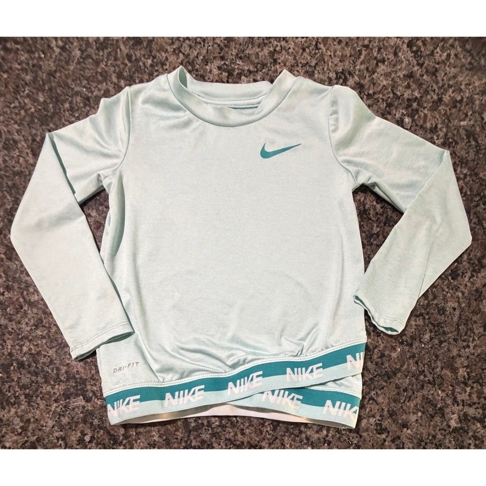 Nike Dri-FIT Girls 4T Long Sleeve Shirt Aqua Blue Crossover Logo Hem Active Top